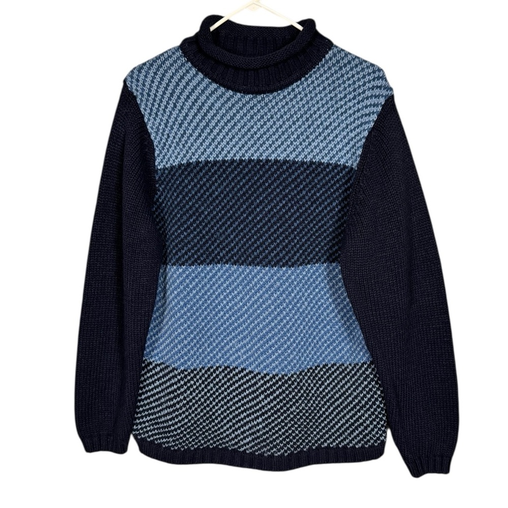 Womens Roll Neck Birdseye Sweater Medium  Chunky Scandi Indie Blue Preppy Layers